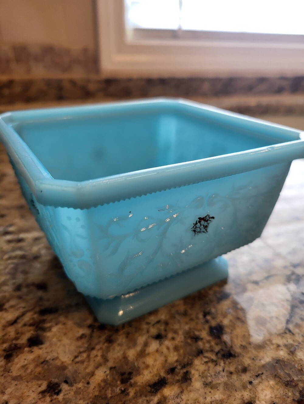 Vintage Blue 3 x 4.5 Inch  Milk Glass Footed Bowl Or  Planter - Picture 10 of 14
